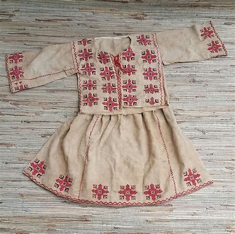Antique Cross Stitched Linen Childs Dress Hand Sewn Red And Black