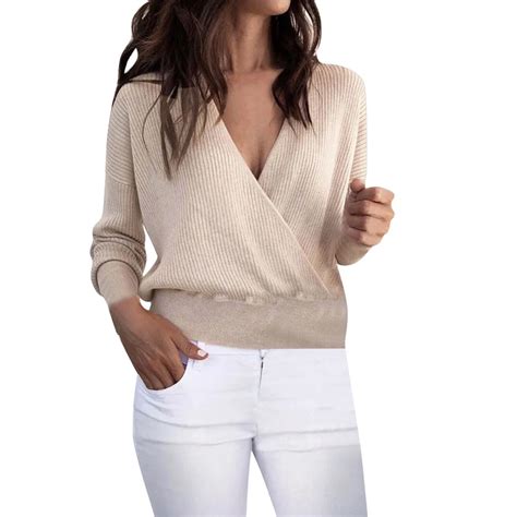 Women Sexy Deep V Neck Sweaters 2019 Autumn Long Sleeve Top Slim