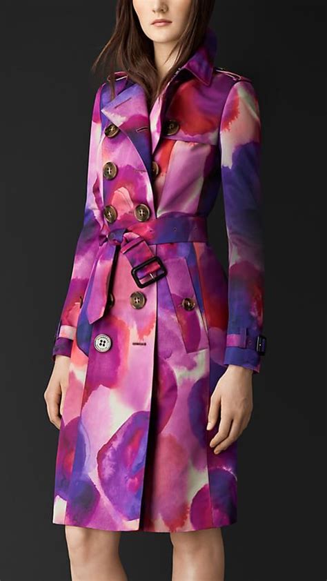 Burberry Prorsum Berry Floral Print Silk Cotton Trench