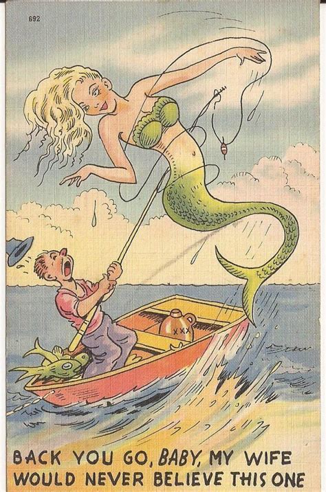 Back You Go Baby Fisherman Mermaid Comical Humor Vintage Postcard