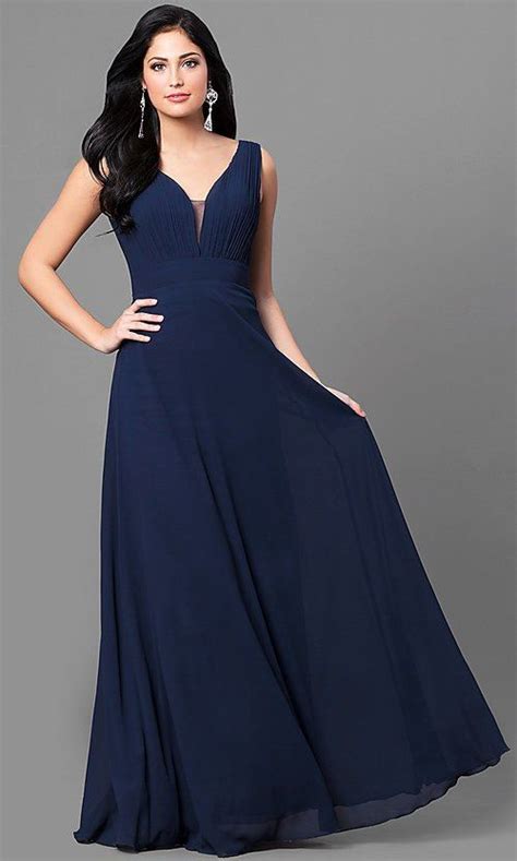 Long Navy Blue Chiffon Prom Dress With Ruched V Neck Blue Dress