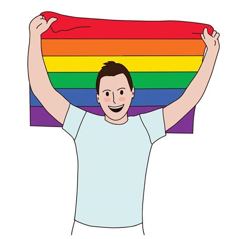 Happy Young Man With Raised Hands Holding Lgbtq Pride Rainbow Flag Celebrating Character Clip