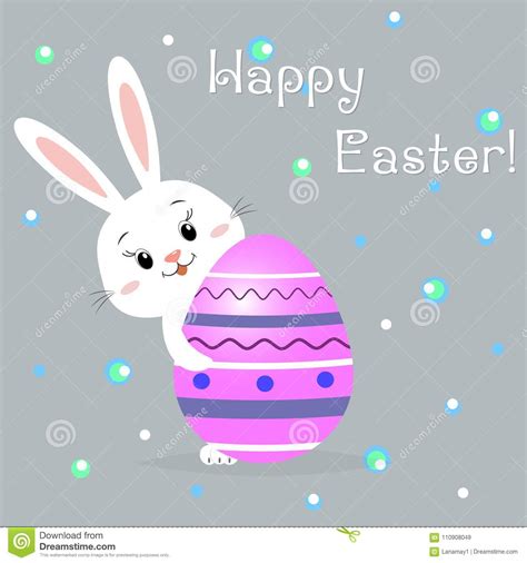 easter rabbit peeks because of a purple decorative egg with a pattern congratulations on easter