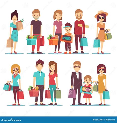 People Shopping In Mall Vector Cartoon Characters Set Stock Vector