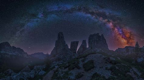 Dolomite Mountains At Night With The Milky Way Italy Bing™ Wallpaper
