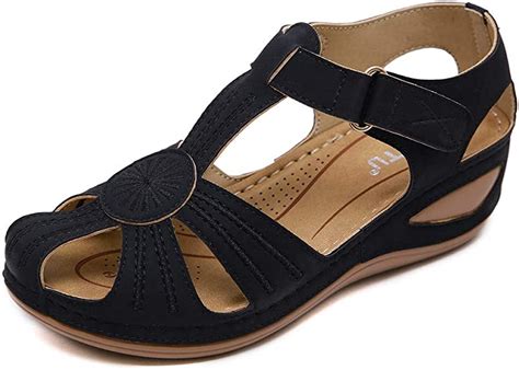 Comfort Wedge Sandals For Women Wide Fit Closed Toe T Bar Mid Heel