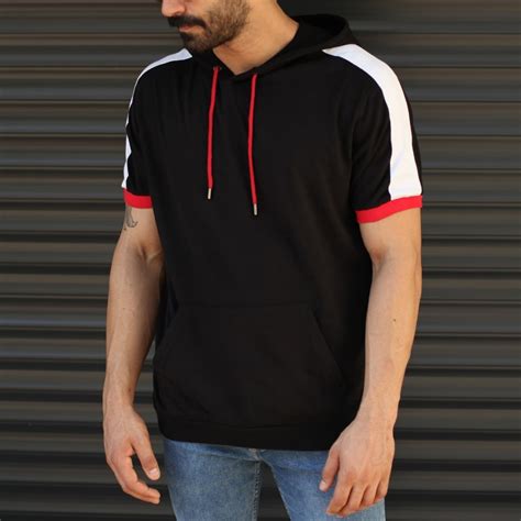 Mens Hooded Short Sleeve T Shirt With Pockets Black