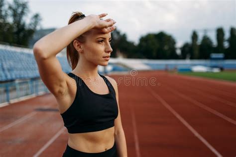 Tired Female Runner Training On Stadium Stock Image Image Of