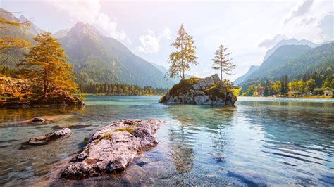 Hintersee Germany Landscape Forest Trees Mountains Lake Mirrored