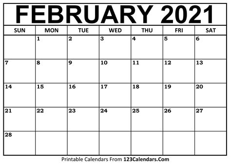 Printable February 2021 Calendar Templates