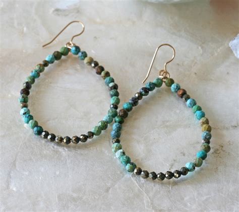 Beaded Turquoise And Pyrite Teardrop Shaped Hoop Earrings K Gold Filled