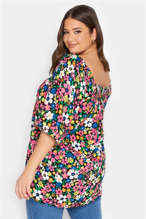 Yours Plus Size Pink And Blue Floral Shirred Neck Gypsy Top Yours Clothing
