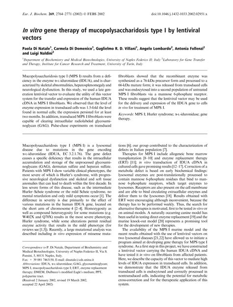 pdf in vitro gene therapy of mucopolysaccharidosis type i by lentiviral vectors