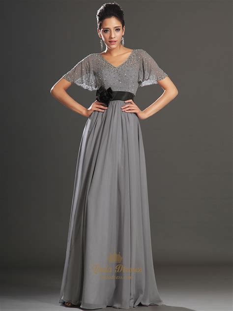 Shop by designer, color, price, silhouette and design trend to create your perfect wedding experience. Grey V-Neck Chiffon Beaded Flutter Sleeves Prom Dress With ...
