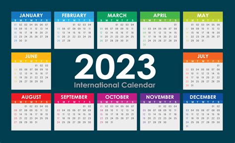 2023 Calendario Vettoriale Versione Inglese Internazionale Colorata