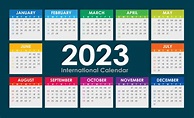 Vector de calendario 2023, versión internacional en inglés colorido ...