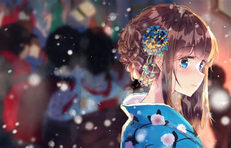 Download Cute Snowfall Blue Eyes Brown Hair Kimono Anime Girl Anime
