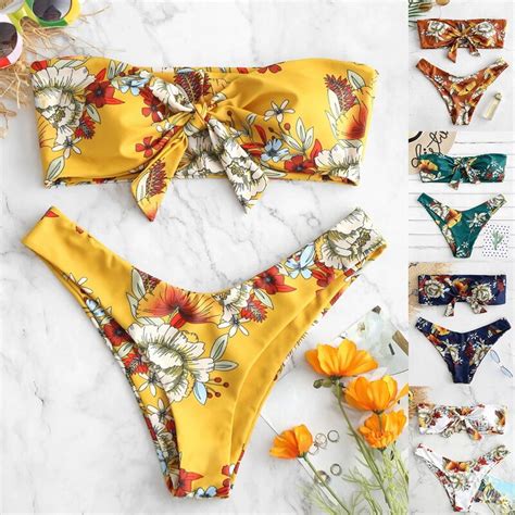 2019 Women Bikini Set Floral Bandeau Swimwear Strapless Swimsuit
