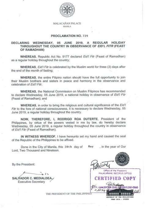 President Duterte Declares June 5 As Regular Holiday For Eidl Fitr