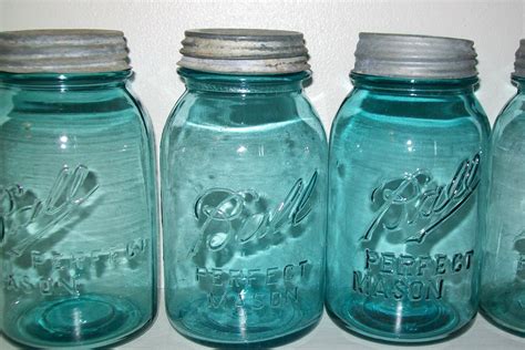 4 Vintage Aqua Blue Ball Perfect Mason Quart Jars With Old