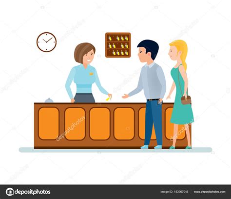 The Receptionist Serves Clients Gives Them Keys To Hotel Room Stock