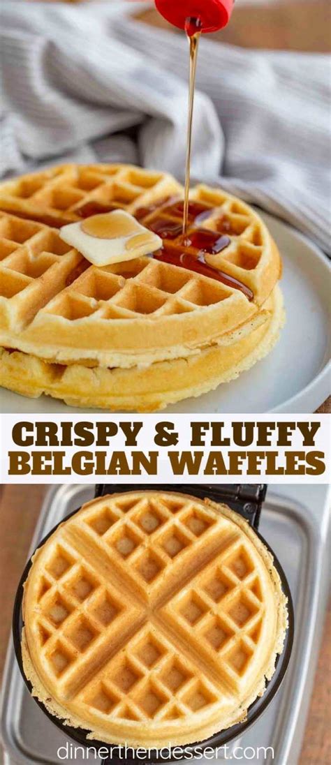 Two Waffles With Syrup Being Drizzled Over Them And The Words Crispy