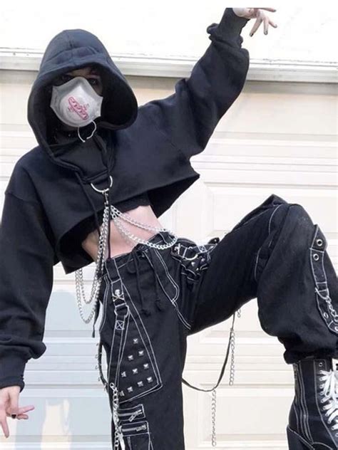 Gothic Chains Crop Hoodie Edgy Outfits Aesthetic Grunge Outfit Cool