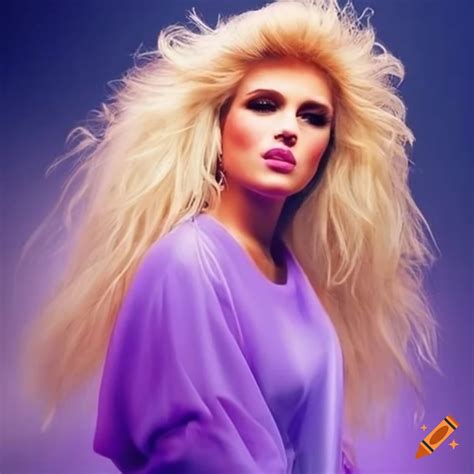 Blonde Woman In A Light Purple Dress With Big 80s Hair