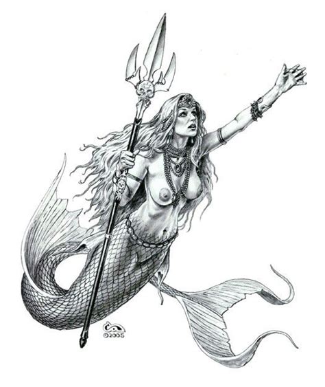 A Pencil Drawing Of A Mermaid With A Spear In Her Hand And A Fish Tail
