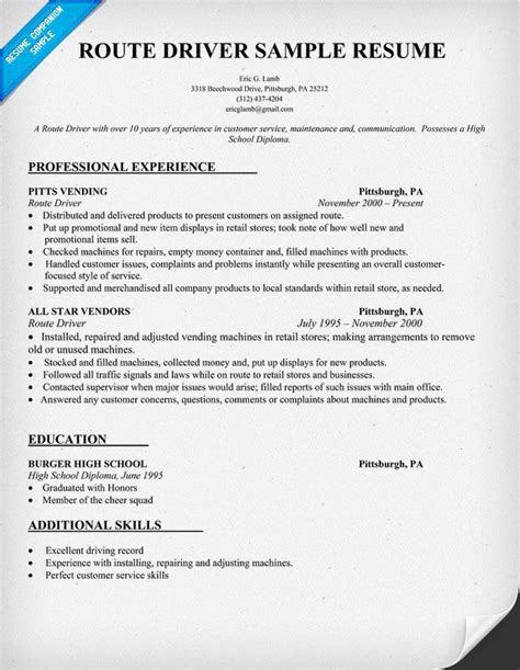 route driver resume sample resumecompanioncom resume