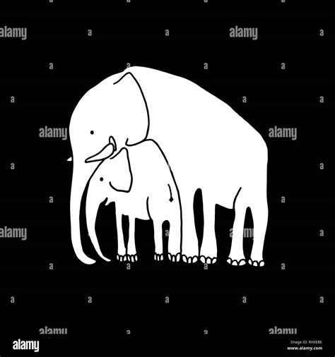 Vector Illustration Of White Baby And Mother Elephant On Black