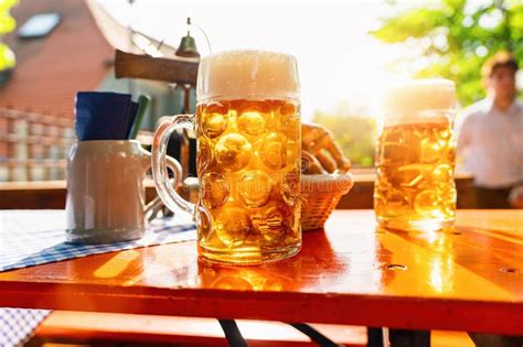 Fresh Golden Beer In Bavarian Beer Garden On A Sunny Day Stock Image