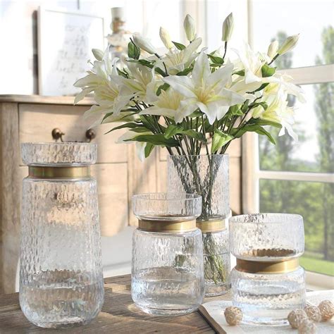 Cylinder Clear Hammered Glass Flower Arrangement Vase Brass Gold Band Decor Dining Table