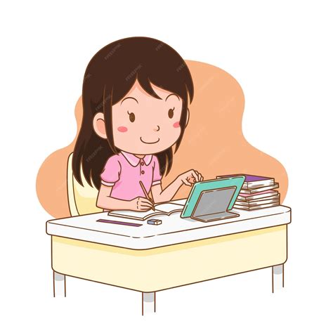 Ilustración De Dibujos Animados De Niña Estudiando En Línea Desde Casa