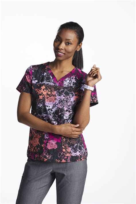 Beyond Scrubs Happiness Collection Ossie Floral Y Neck Print Top Tops