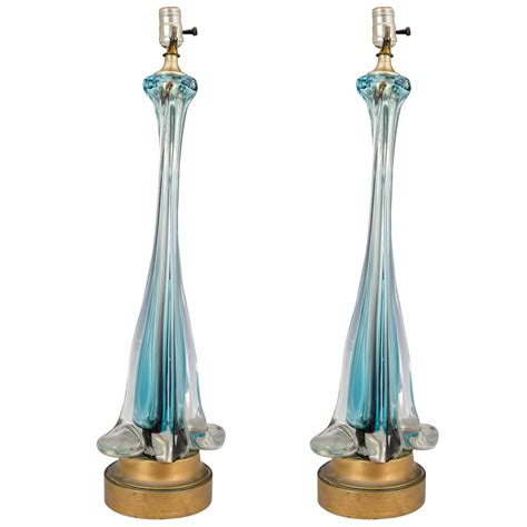 Midcentury Pair Of Tall Blue And Clear Murano Glass Table Lamps At 1stdibs Tall Glass Lamps