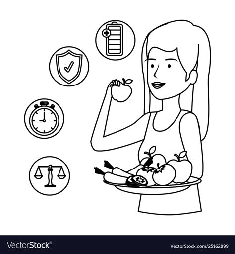 Woman Eating Healthy Food And Set Icons Royalty Free Vector