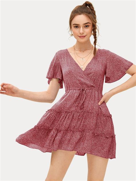 Surplice Ditsy Floral Frill Drawstring Waist Dress Romwe Casual