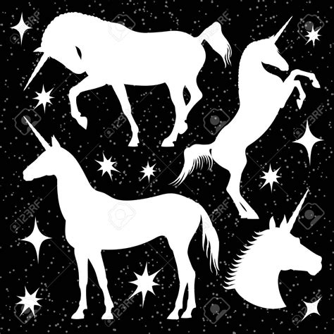 White Unicorn Silhouettes Set With Stars On Black Backdrop Stock Vector