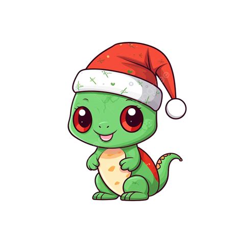 Cute Funny Chameleon Character In Christmas Cap Vector Flat Line Kawaii Cartoon Character