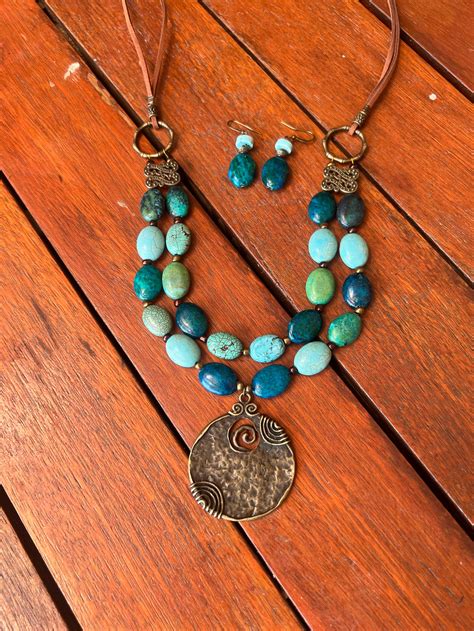 Statement Turquoise Necklace And Earrings Turquoise Boho Jewelry Set