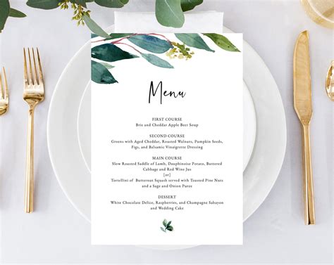 Greenery Wedding Menu Template Printable Wedding Dinner Menu Diy Gre