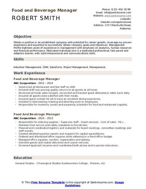 Managing food and beverage quality, ordering and coordinating with kitchen staff of some of the biggest organizations and hotels. Food And Beverage Manager Resume Samples | QwikResume