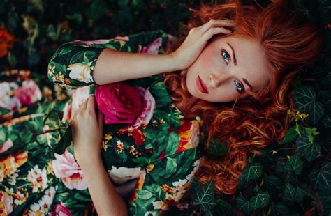 Wallpaper Women Redhead Model Flowers Red Clothing Color