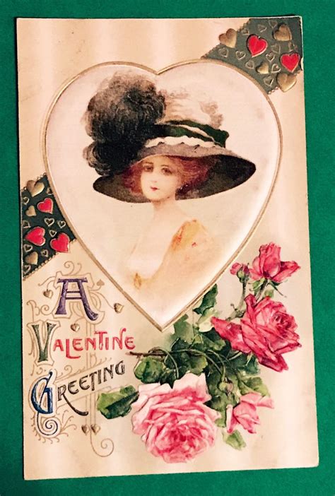Antique 1900s Valentines Day Postcard Beautiful Lady With Big Etsy