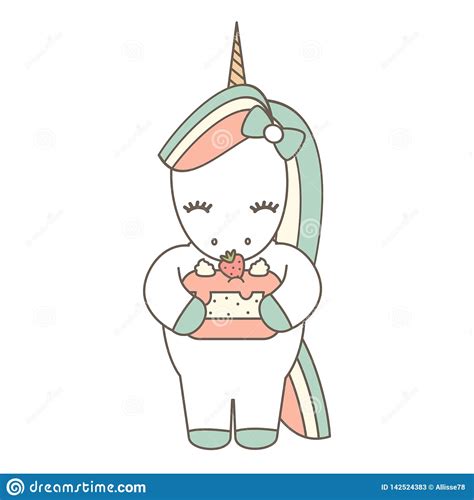 Cute Cartoon Vector Unicorn With Strawberry Cake Lovely Illustration