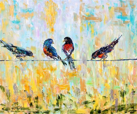 Original Birds On A Wire Modern Painting On Canvas Oil Impressionism