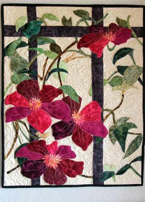 Clematis Art Quilted Wall Hanging Etsy Flower Quilts Art Quilts