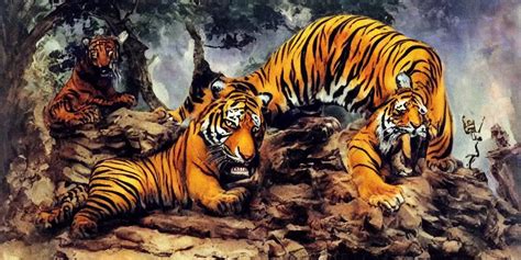 A Lion And A Tiger In A Forest By Frank Frazetta Stable Diffusion