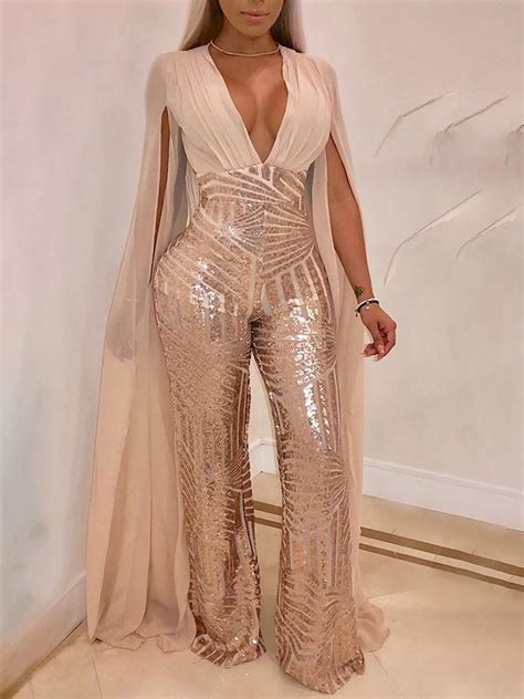 Shiny Sequins Patchwork Cloak Sleeve Jumpsuits Evening Dress Fashion Jumpsuit With Sleeves